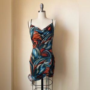 Timing Women's Mini Dress Size M Peacock Swirls Spaghetti Straps Ruched Side